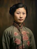 un vieux coloré photographier de une asiatique femme de le de bonne heure années 1900 ai génératif photo
