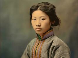 un vieux coloré photographier de une asiatique femme de le de bonne heure années 1900 ai génératif photo