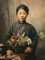 un vieux coloré photographier de une asiatique femme de le de bonne heure années 1900 ai génératif photo