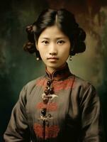 un vieux coloré photographier de une asiatique femme de le de bonne heure années 1900 ai génératif photo