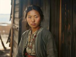 un vieux coloré photographier de une asiatique femme de le de bonne heure années 1900 ai génératif photo