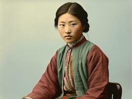 un vieux coloré photographier de une asiatique femme de le de bonne heure années 1900 ai génératif photo