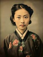 un vieux coloré photographier de une asiatique femme de le de bonne heure années 1900 ai génératif photo