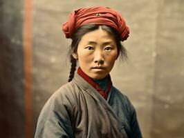 un vieux coloré photographier de une asiatique femme de le de bonne heure années 1900 ai génératif photo