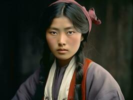 un vieux coloré photographier de une asiatique femme de le de bonne heure années 1900 ai génératif photo