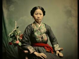 un vieux coloré photographier de une asiatique femme de le de bonne heure années 1900 ai génératif photo