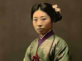 un vieux coloré photographier de une asiatique femme de le de bonne heure années 1900 ai génératif photo