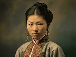 un vieux coloré photographier de une asiatique femme de le de bonne heure années 1900 ai génératif photo