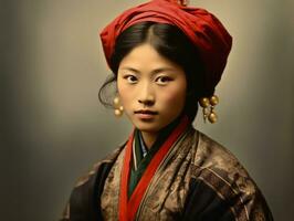 un vieux coloré photographier de une asiatique femme de le de bonne heure années 1900 ai génératif photo