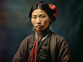 un vieux coloré photographier de une asiatique femme de le de bonne heure années 1900 ai génératif photo