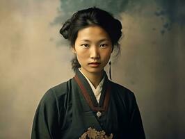 un vieux coloré photographier de une asiatique femme de le de bonne heure années 1900 ai génératif photo