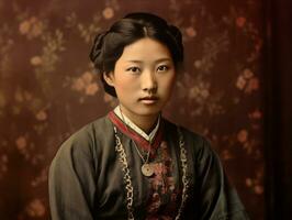 un vieux coloré photographier de une asiatique femme de le de bonne heure années 1900 ai génératif photo