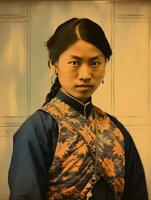 un vieux coloré photographier de une asiatique femme de le de bonne heure années 1900 ai génératif photo