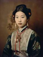 un vieux coloré photographier de une asiatique femme de le de bonne heure années 1900 ai génératif photo