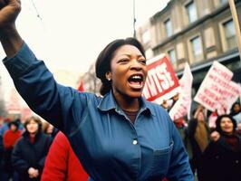 historique coloré photo de une femme de premier plan une manifestation ai génératif