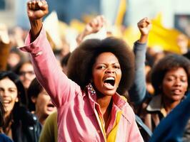 historique coloré photo de une femme de premier plan une manifestation ai génératif