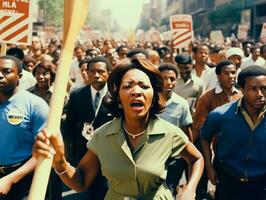 historique coloré photo de une femme de premier plan une manifestation ai génératif