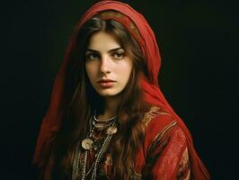 vieux coloré photographier de arabe femme de de bonne heure années 1900 ai génératif photo