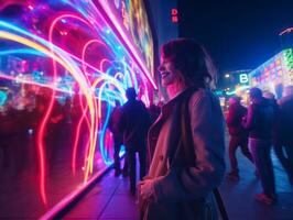 plus Taille femme en marchant en toute confiance par le vibrant néon allumé des rues ai génératif photo