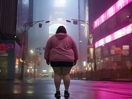 plus Taille femme en marchant en toute confiance par le vibrant néon allumé des rues ai génératif photo