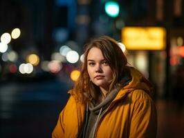 plus Taille femme en marchant en toute confiance par le vibrant néon allumé des rues ai génératif photo