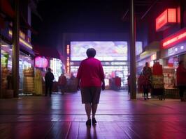 plus Taille femme en marchant en toute confiance par le vibrant néon allumé des rues ai génératif photo