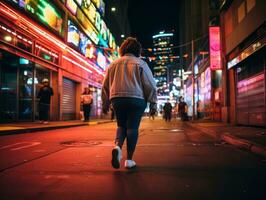 plus Taille femme en marchant en toute confiance par le vibrant néon allumé des rues ai génératif photo