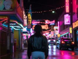 plus Taille femme en marchant en toute confiance par le vibrant néon allumé des rues ai génératif photo