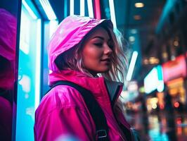 plus Taille femme en marchant en toute confiance par le vibrant néon allumé des rues ai génératif photo