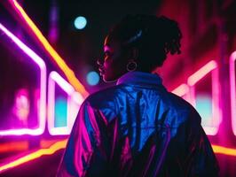 plus Taille femme en marchant en toute confiance par le vibrant néon allumé des rues ai génératif photo