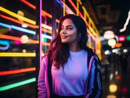 plus Taille femme en marchant en toute confiance par le vibrant néon allumé des rues ai génératif photo