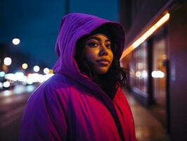 plus Taille femme en marchant en toute confiance par le vibrant néon allumé des rues ai génératif photo