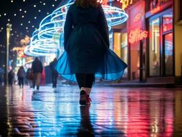 plus Taille femme en marchant en toute confiance par le vibrant néon allumé des rues ai génératif photo