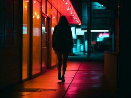 plus Taille femme en marchant en toute confiance par le vibrant néon allumé des rues ai génératif photo