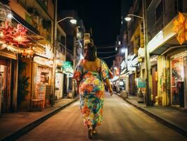 plus Taille femme en marchant en toute confiance par le vibrant néon allumé des rues ai génératif photo