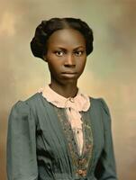 vieux coloré photographier de une noir femme de le de bonne heure années 1900 ai génératif photo