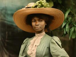 vieux coloré photographier de une noir femme de le de bonne heure années 1900 ai génératif photo