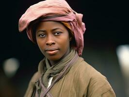 vieux coloré photographier de une noir femme de le de bonne heure années 1900 ai génératif photo