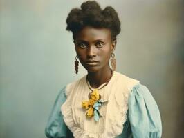 vieux coloré photographier de une noir femme de le de bonne heure années 1900 ai génératif photo