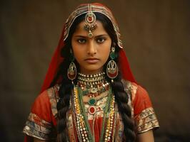 vieux coloré photographier de une Indien femme de le de bonne heure années 1900 ai génératif photo