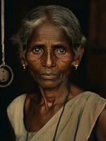 vieux coloré photographier de une Indien femme de le de bonne heure années 1900 ai génératif photo