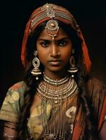 vieux coloré photographier de une Indien femme de le de bonne heure années 1900 ai génératif photo