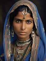 vieux coloré photographier de une Indien femme de le de bonne heure années 1900 ai génératif photo