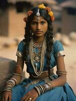 vieux coloré photographier de une Indien femme de le de bonne heure années 1900 ai génératif photo