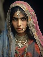 vieux coloré photographier de une Indien femme de le de bonne heure années 1900 ai génératif photo