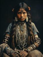 vieux coloré photographier de une Indien femme de le de bonne heure années 1900 ai génératif photo