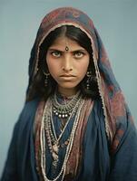 vieux coloré photographier de une Indien femme de le de bonne heure années 1900 ai génératif photo