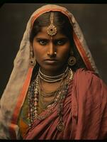 vieux coloré photographier de une Indien femme de le de bonne heure années 1900 ai génératif photo