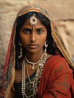 vieux coloré photographier de une Indien femme de le de bonne heure années 1900 ai génératif photo