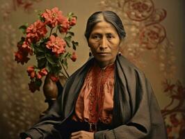 vieux coloré photographier de une mexicain femme de le de bonne heure années 1900 ai génératif photo